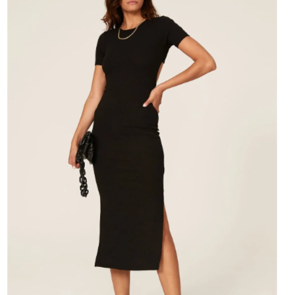beivy Sophisticated Black Open Back Midi Dress Size Large NWT
